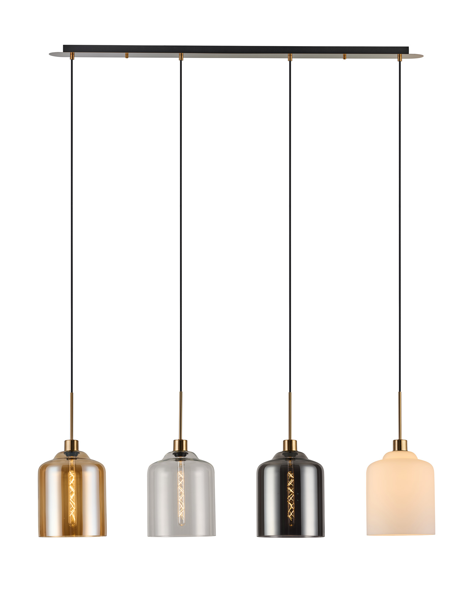 DK1232  Lori Linear Pendant, 4 Light Adjustable E27, Antique Gold/Amber/Clear/Opal/Smoke Conical Cylinder Shades